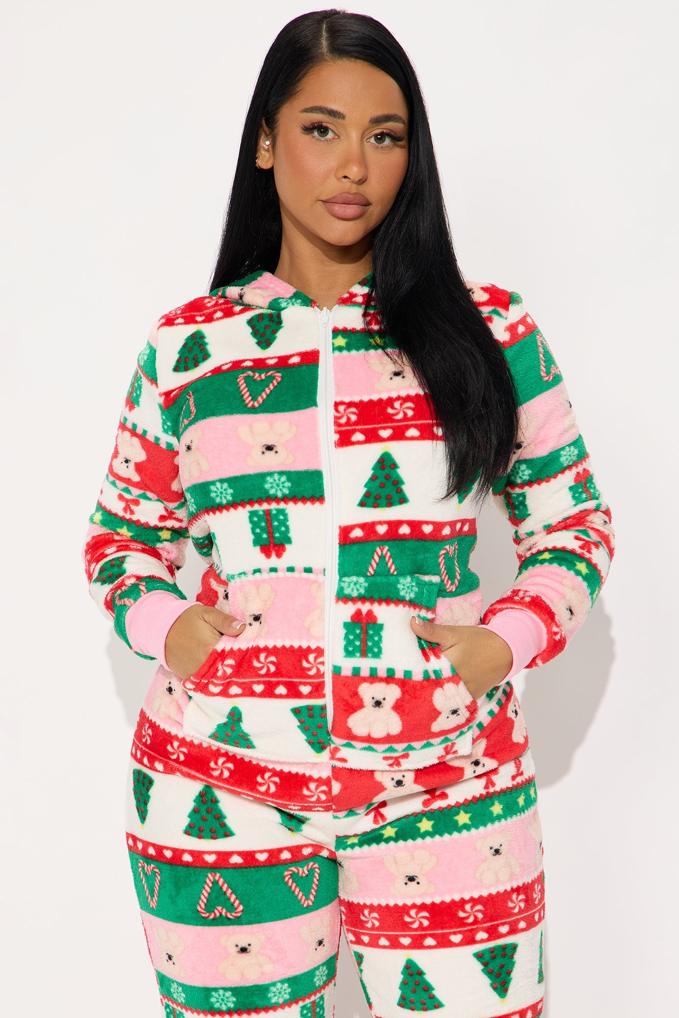 Sweetest Holiday Plush Hoodie PJ Jumpsuit Onesie - Green/combo