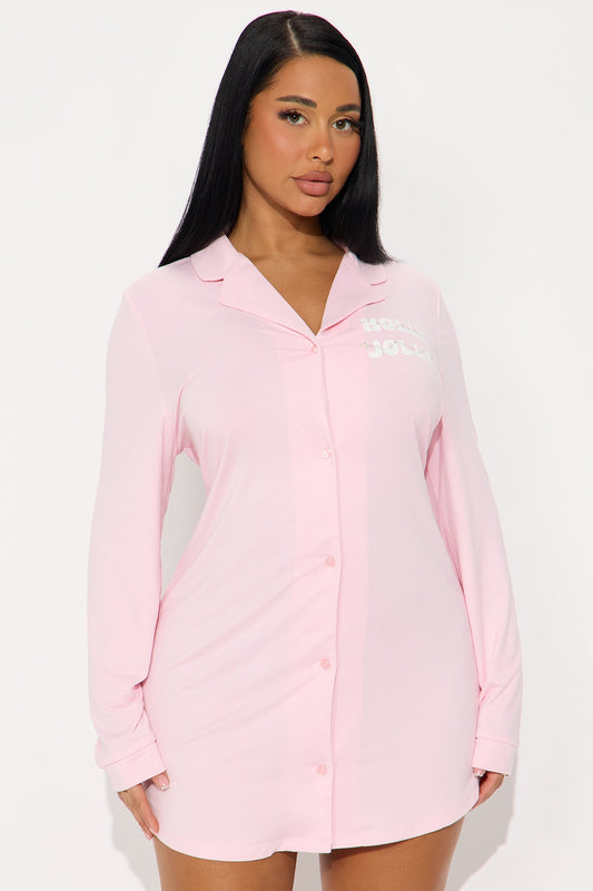Holly Jolly Long Sleeve PJ Sleep Shirt - Pink