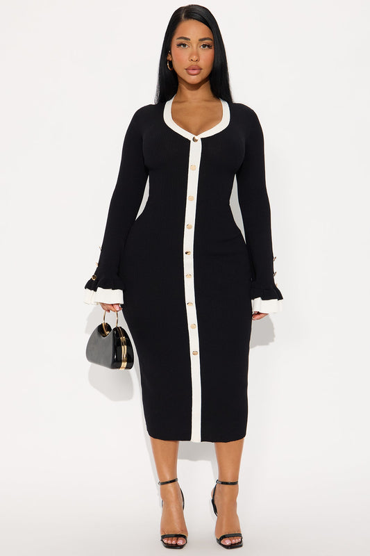 Rue Ruffle Sleeve Sweater Midi Dress - Black