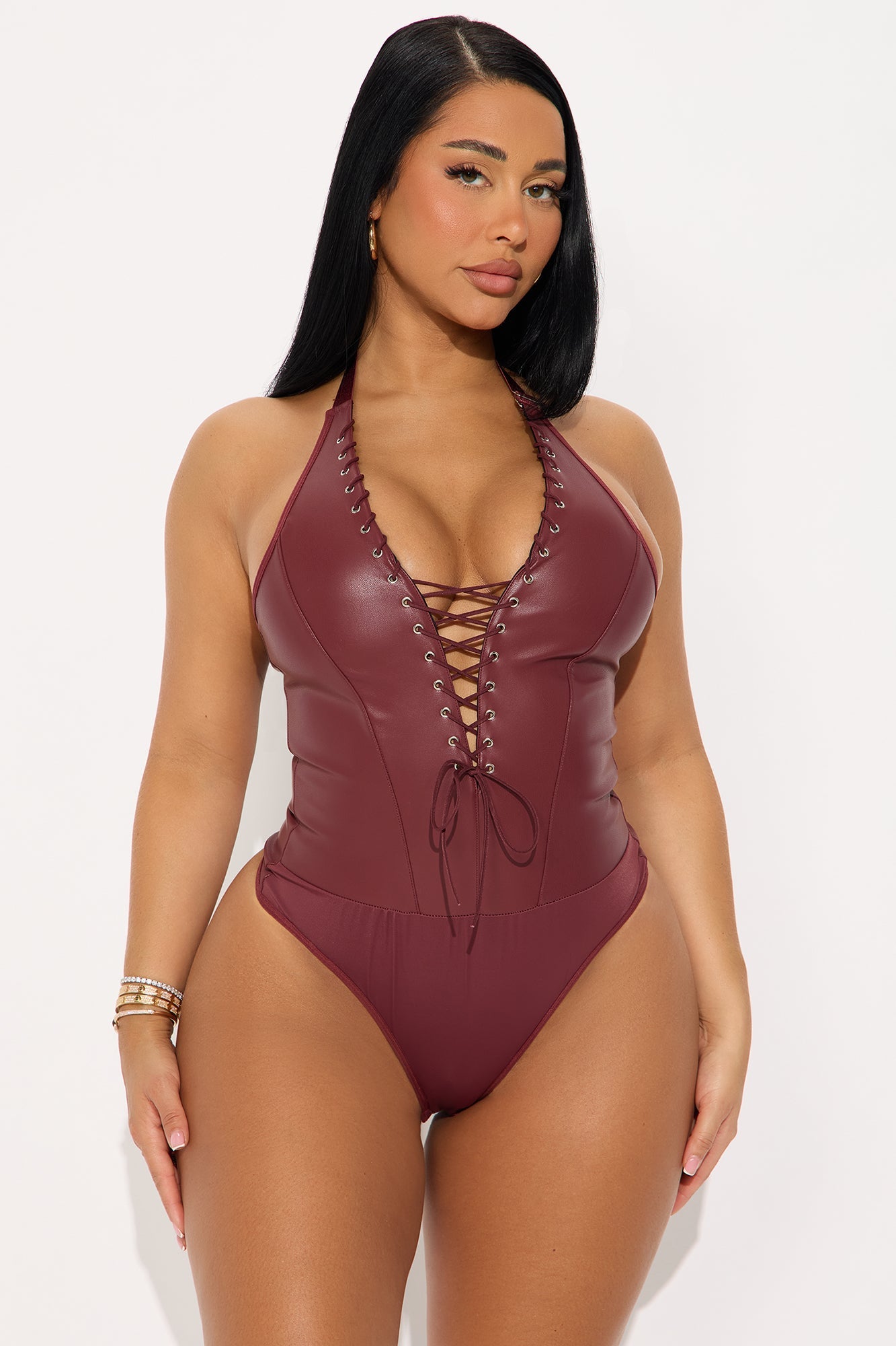 Lace Up Faux Leather Bodysuit Thong Teddy - Brown