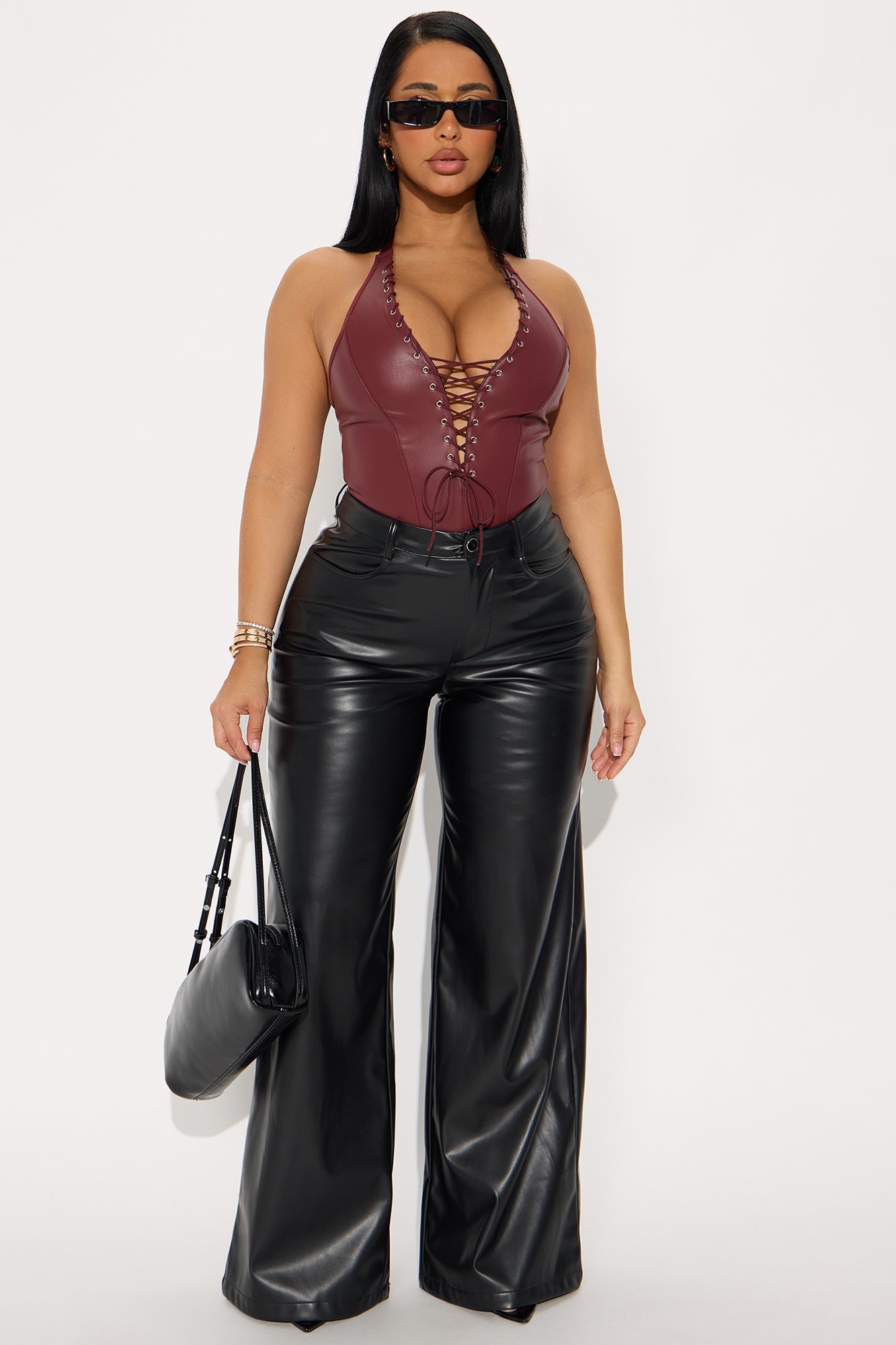 Lace Up Faux Leather Bodysuit Thong Teddy - Brown