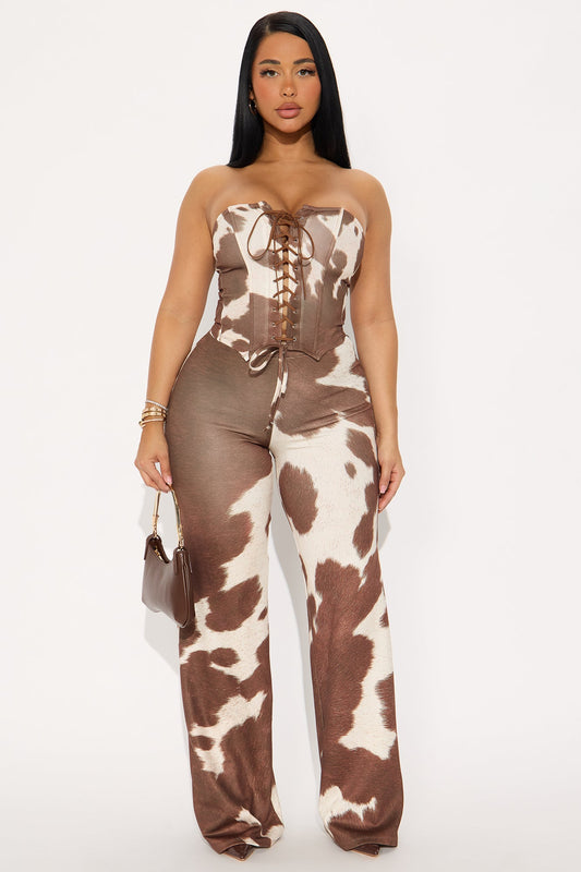 Own The Night Cow Print Corset Pant Set - Brown/combo
