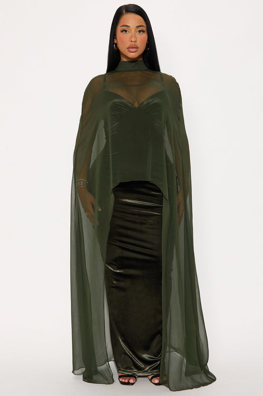 Velvet Pulse Caped Maxi Dress - Olive