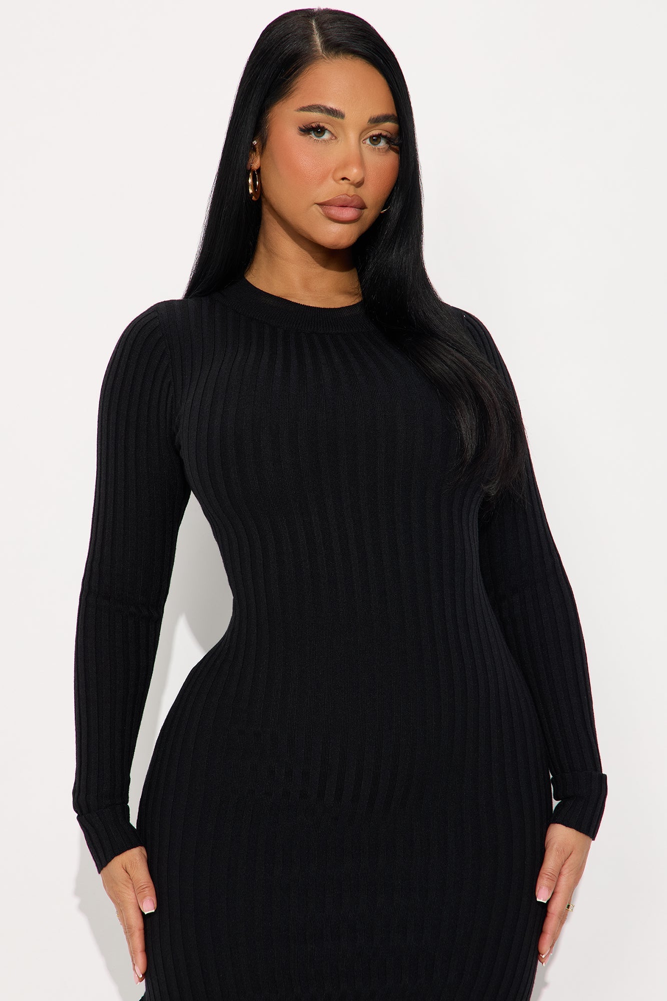 Rare Catch Long Sleeve Ribbed Midi Dress - Black