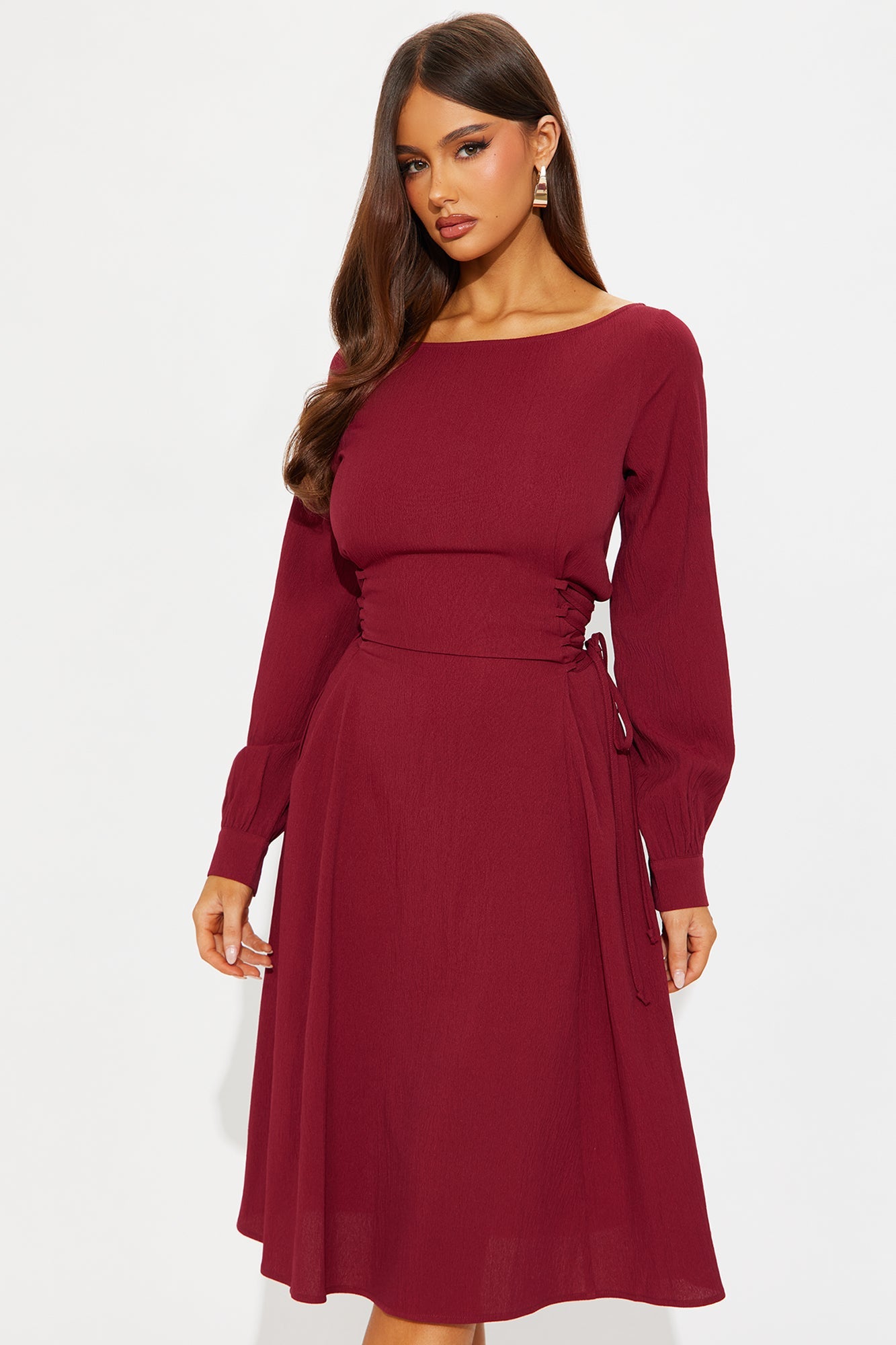Vienna Lace Up Midi Dress - Wine
