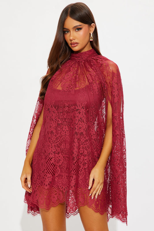 Leah Lace Cape Mini Dress Set - Red
