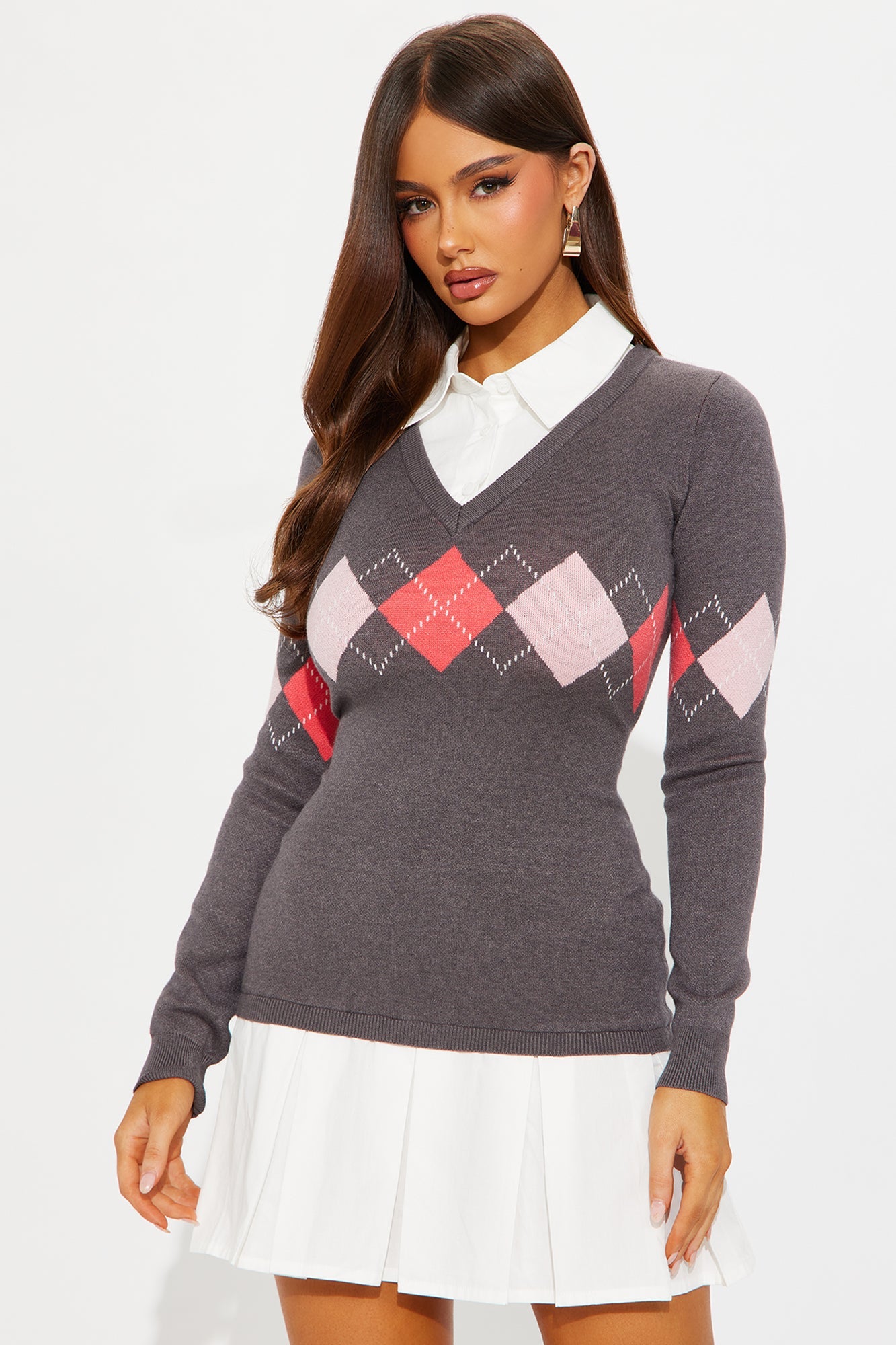 School Girl Plaid Sweater Shirt Mini Dress - Charcoal/combo