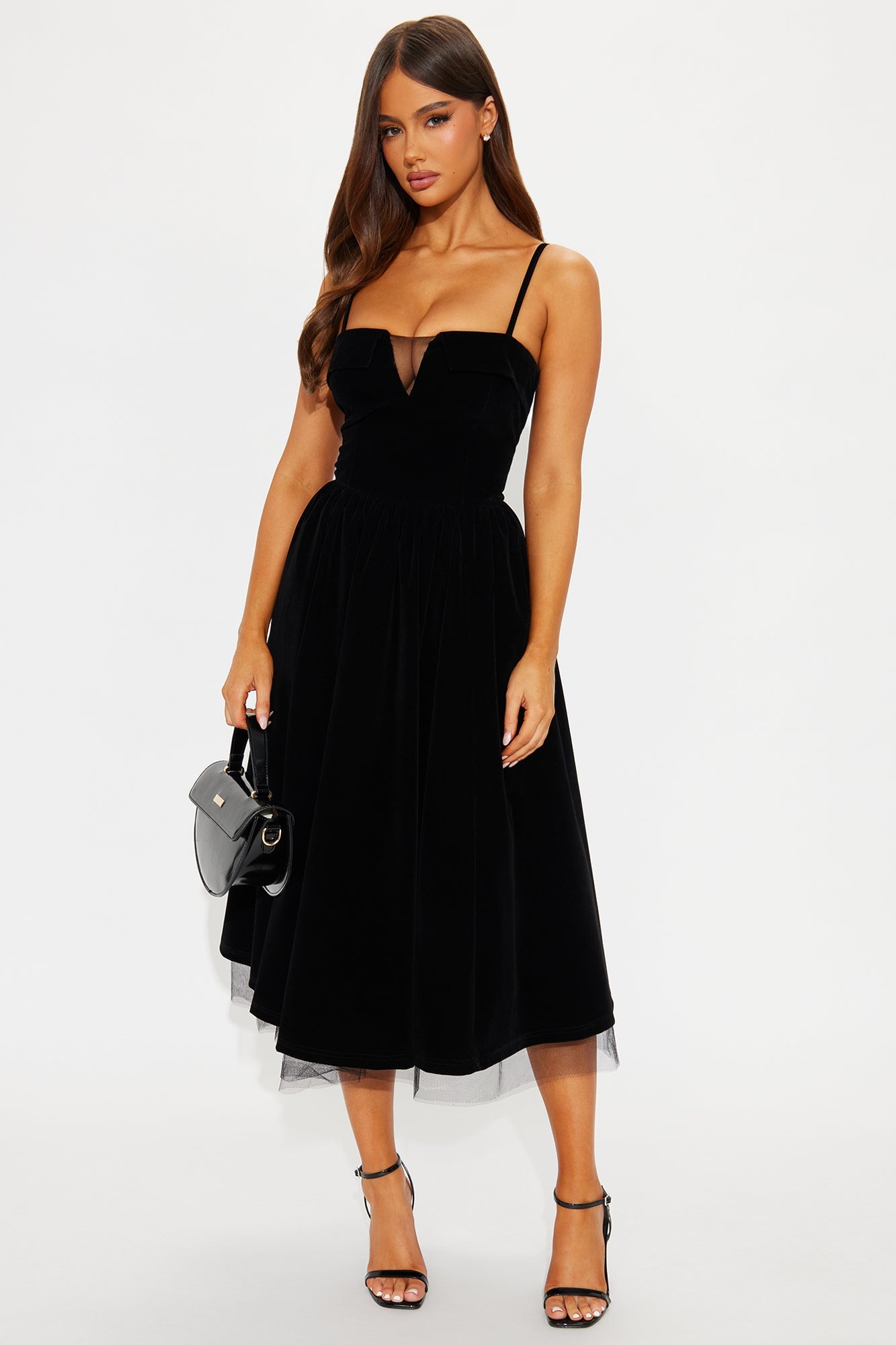 Viola Contrast Trim Velvet Midi Dress - Black
