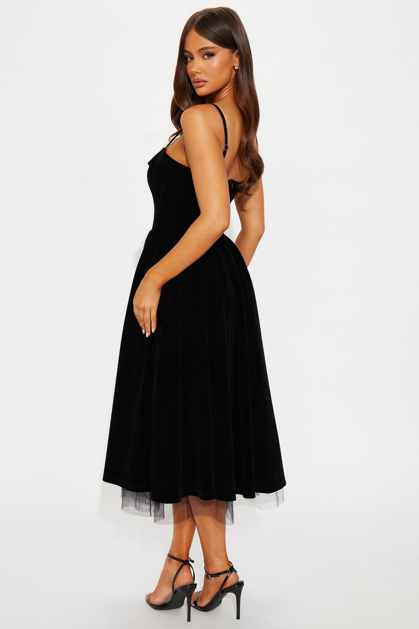 Viola Contrast Trim Velvet Midi Dress - Black