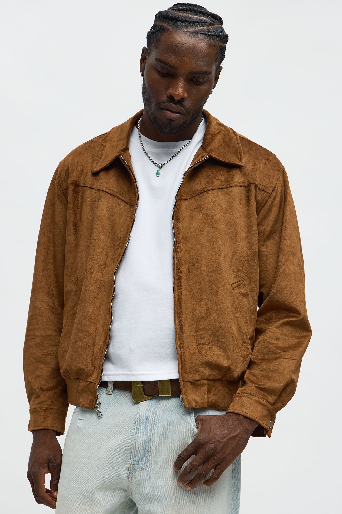 Faux Suede Finesse Zip Jacket - Brown