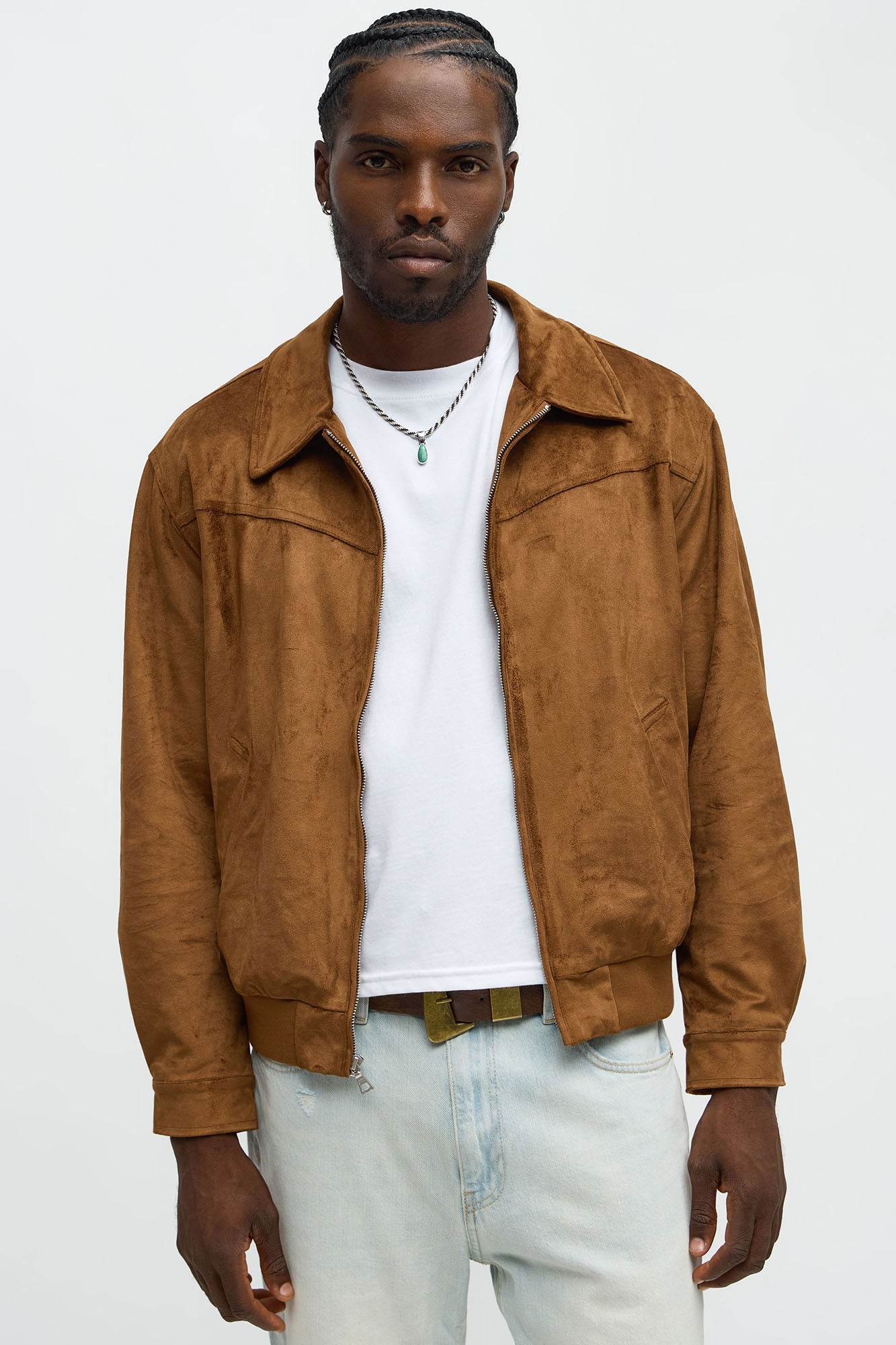 Faux Suede Finesse Zip Jacket - Brown