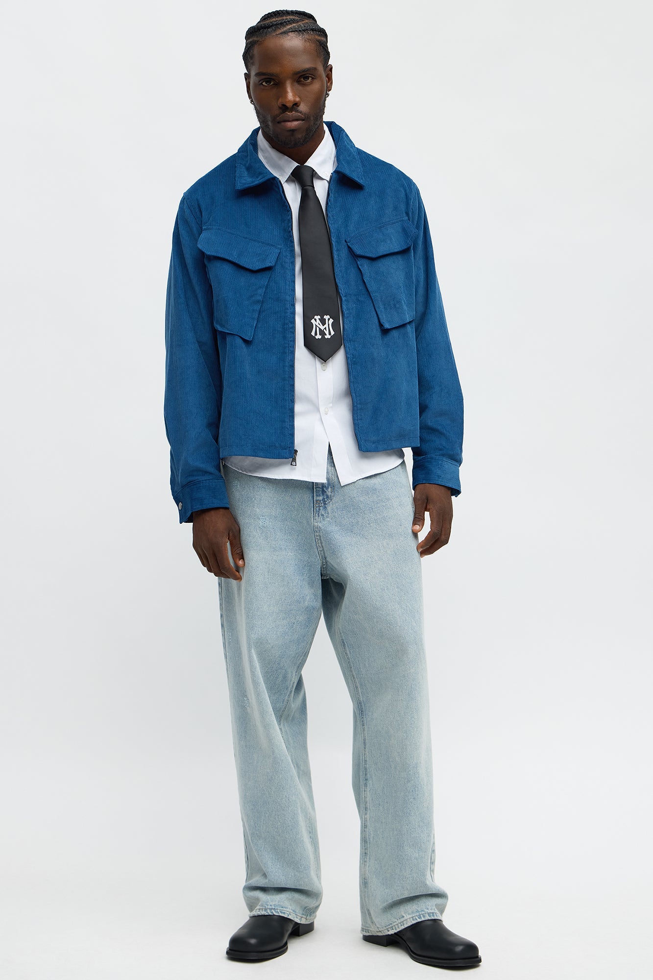 Textured Corduroy Cargo Pocket Zip Jacket - Blue