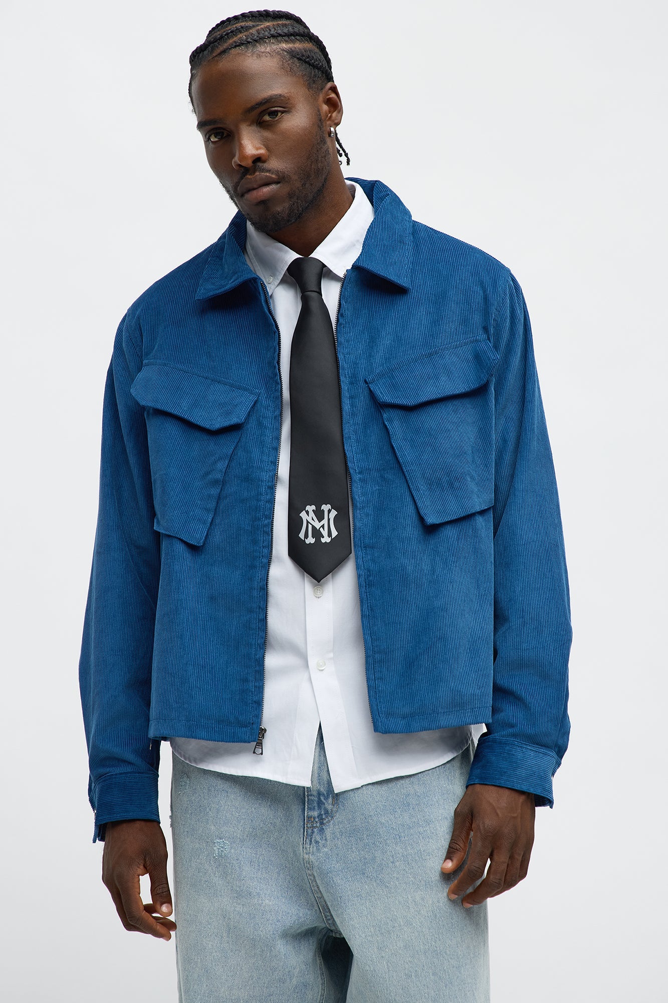 Textured Corduroy Cargo Pocket Zip Jacket - Blue