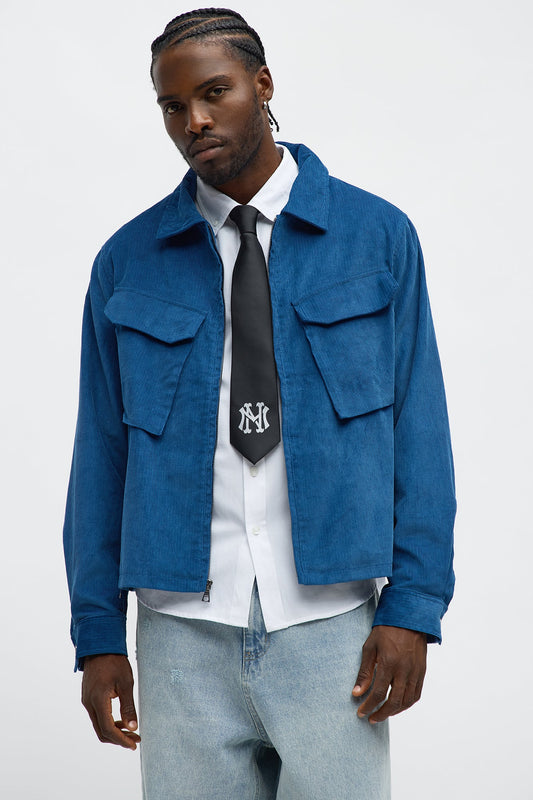 Textured Corduroy Cargo Pocket Zip Jacket - Blue
