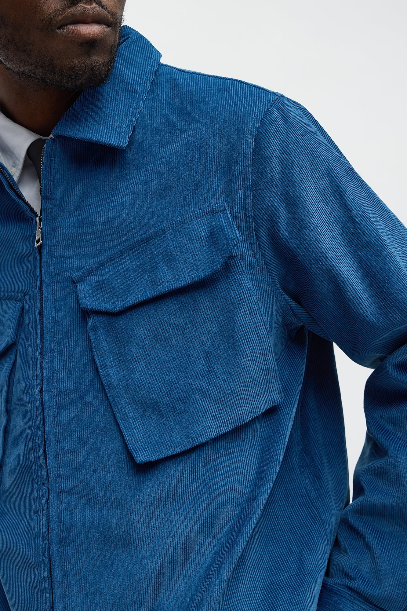 Textured Corduroy Cargo Pocket Zip Jacket - Blue