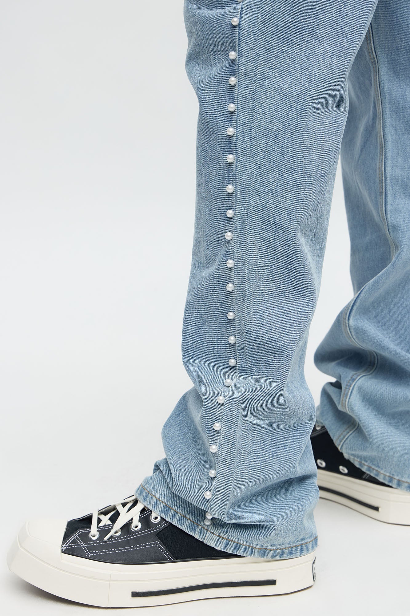 Stacked Slim Flare Pearls Along Side Jean - Light Wash