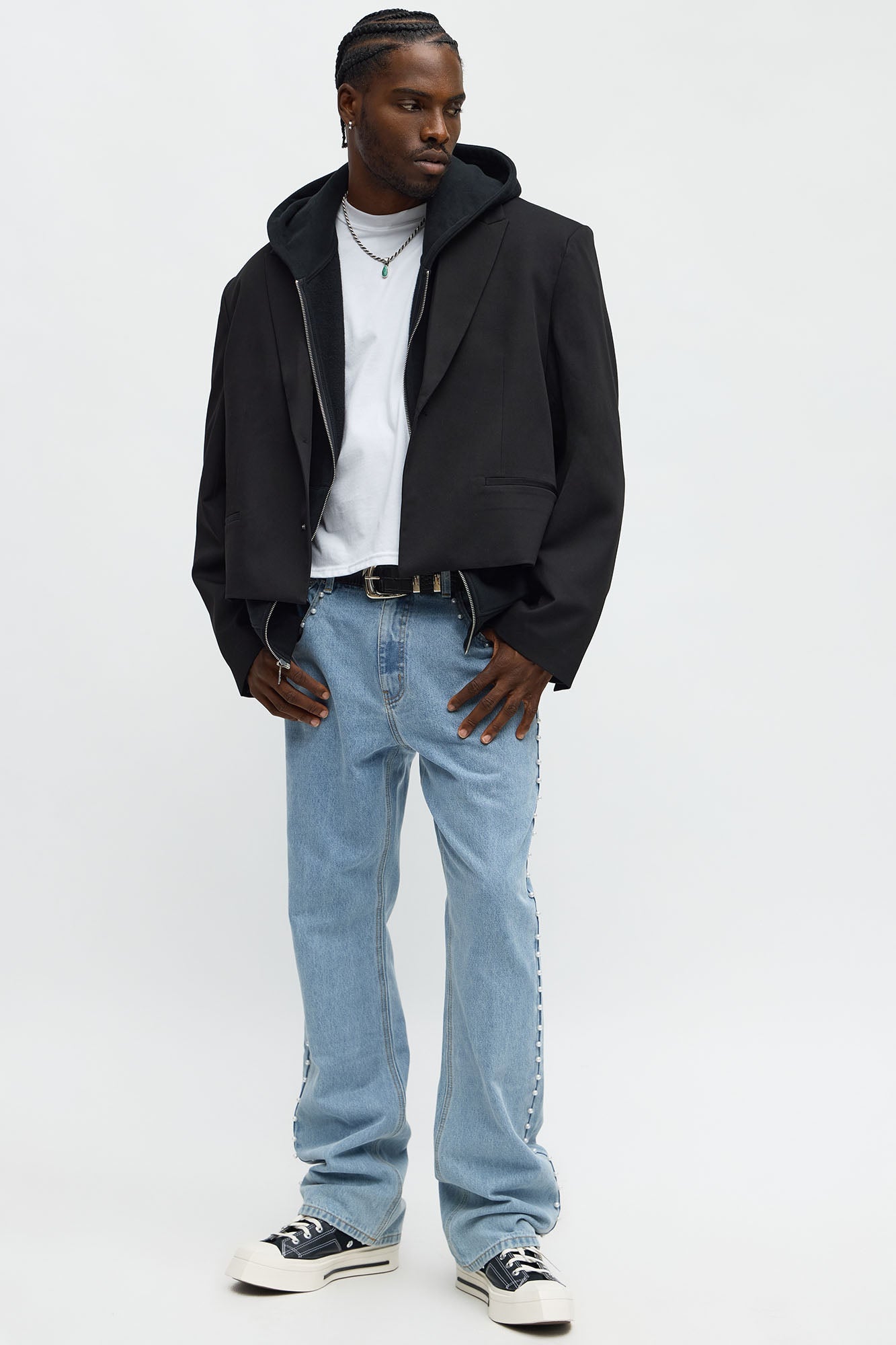 Stacked Slim Flare Pearls Along Side Jean - Light Wash