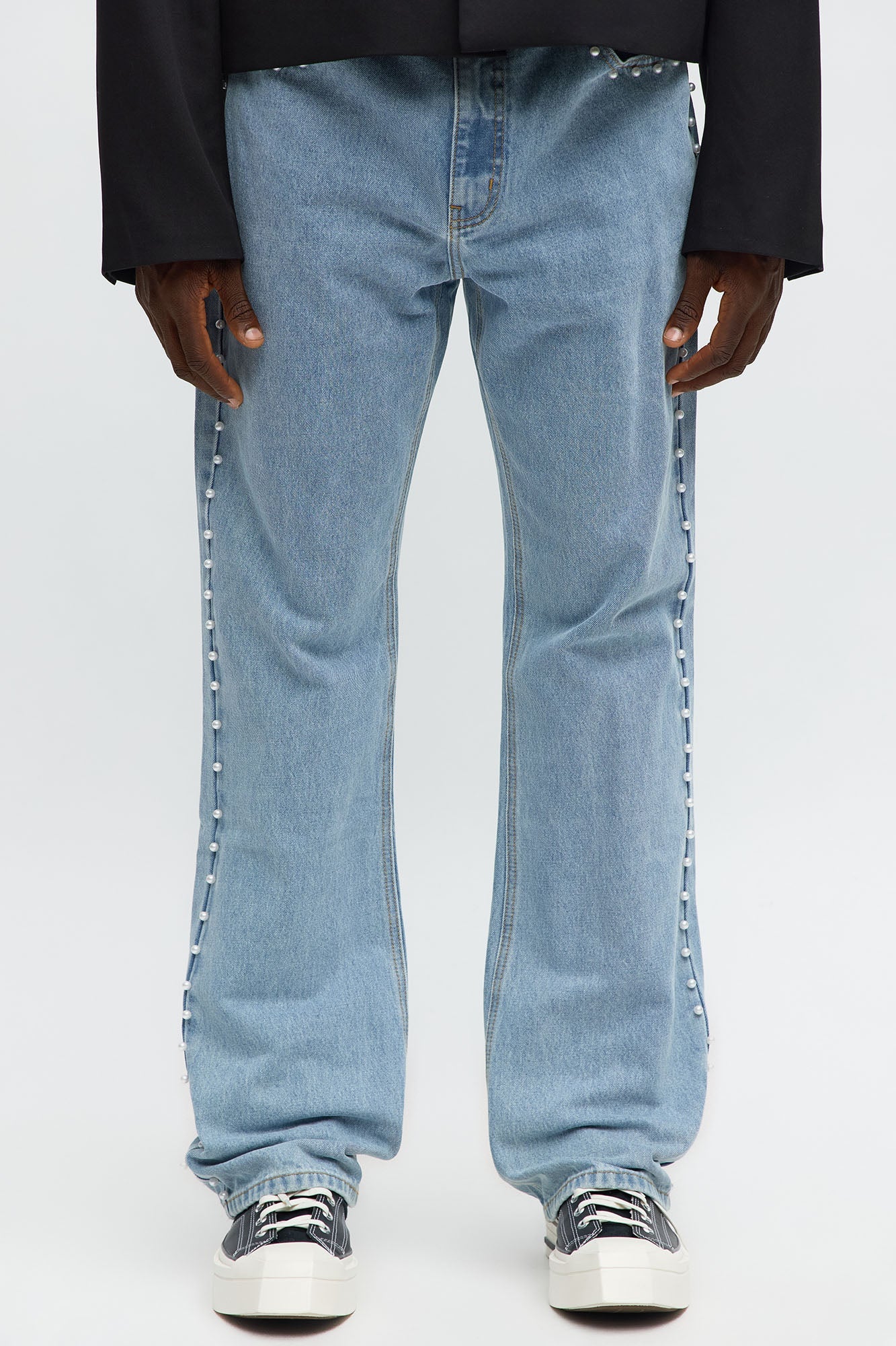 Stacked Slim Flare Pearls Along Side Jean - Light Wash