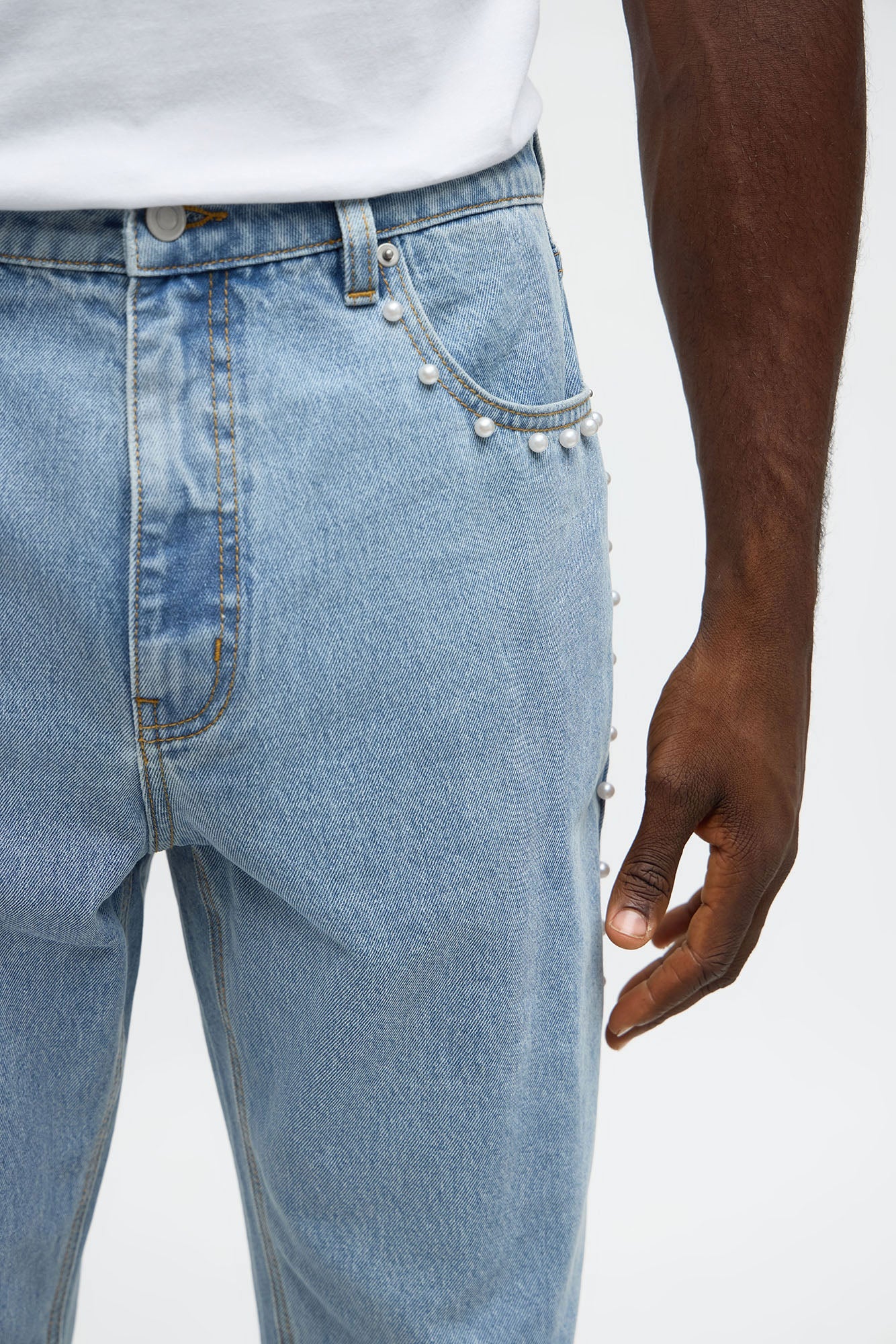 Stacked Slim Flare Pearls Along Side Jean - Light Wash