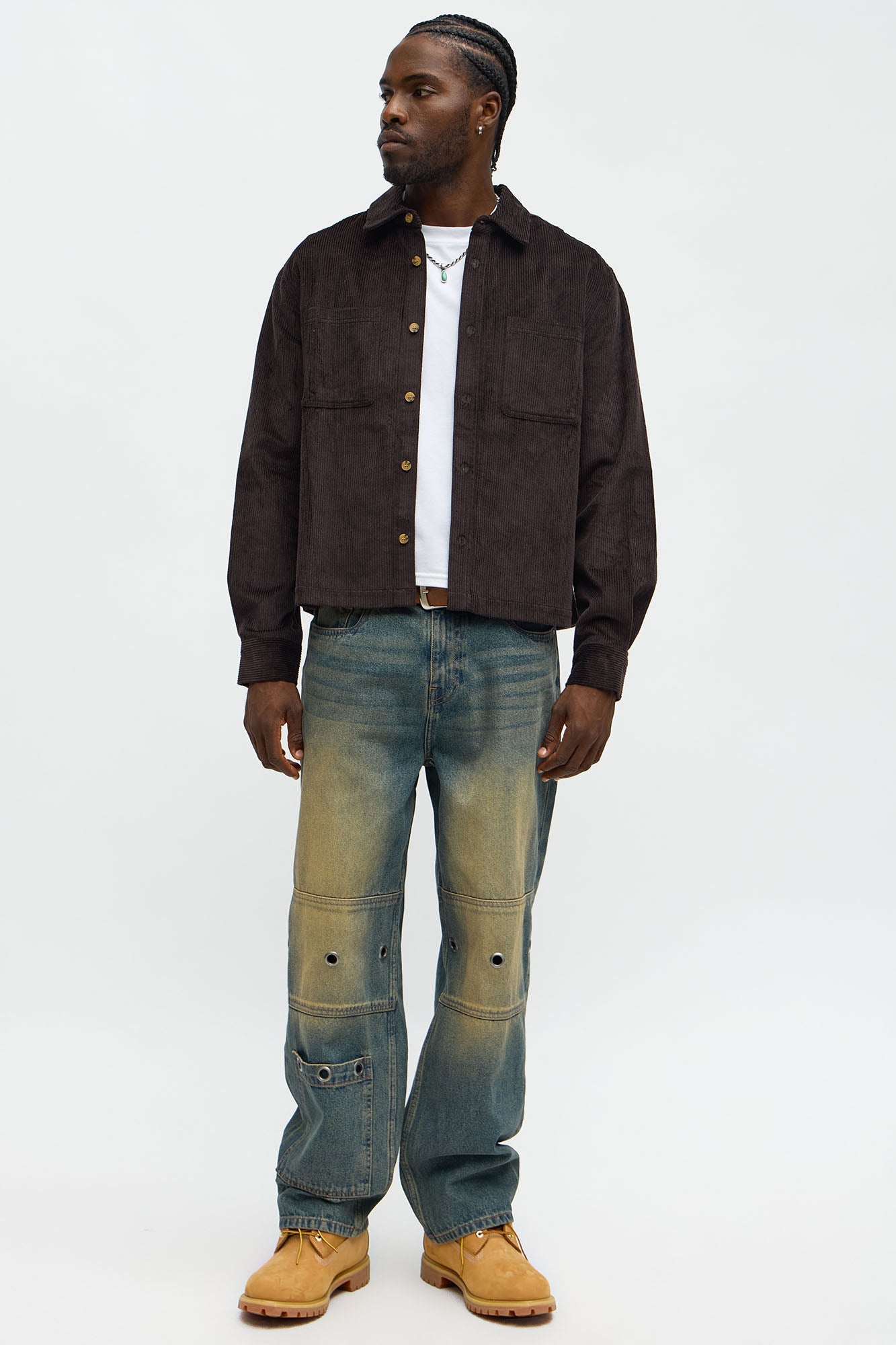 Cropped Corduroy Button Up Shirt - Black