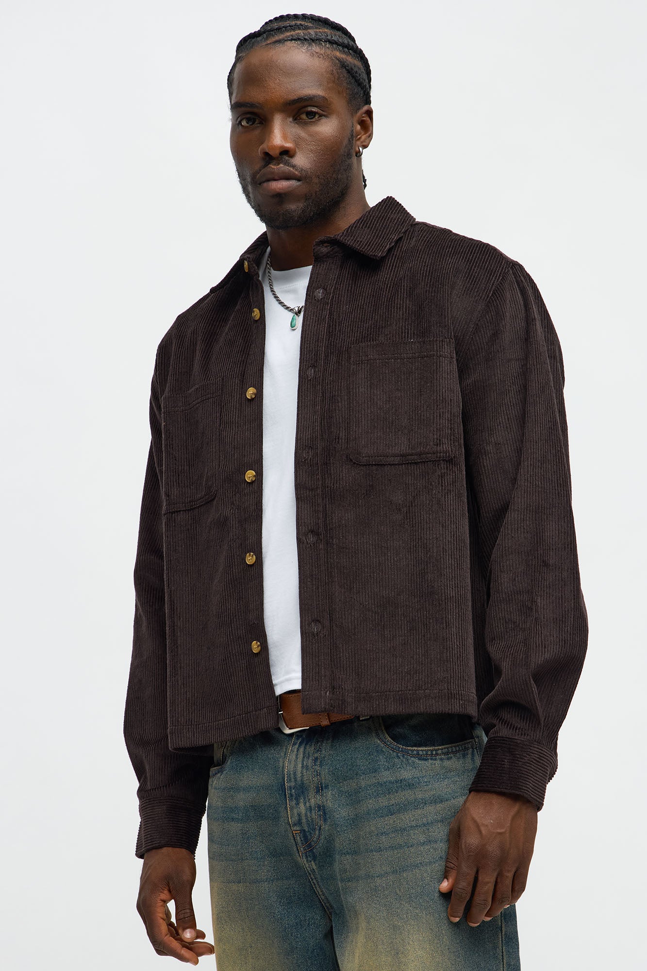 Cropped Corduroy Button Up Shirt - Black