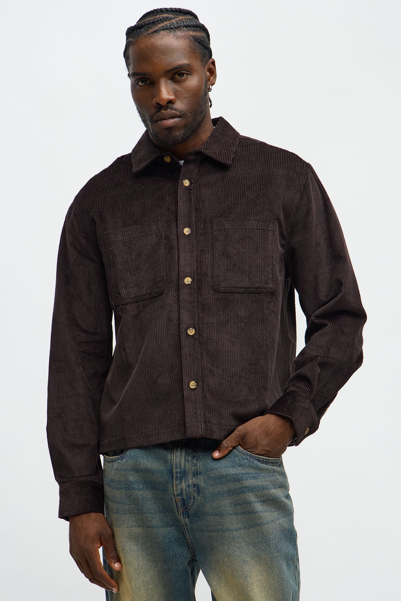 Cropped Corduroy Button Up Shirt - Black