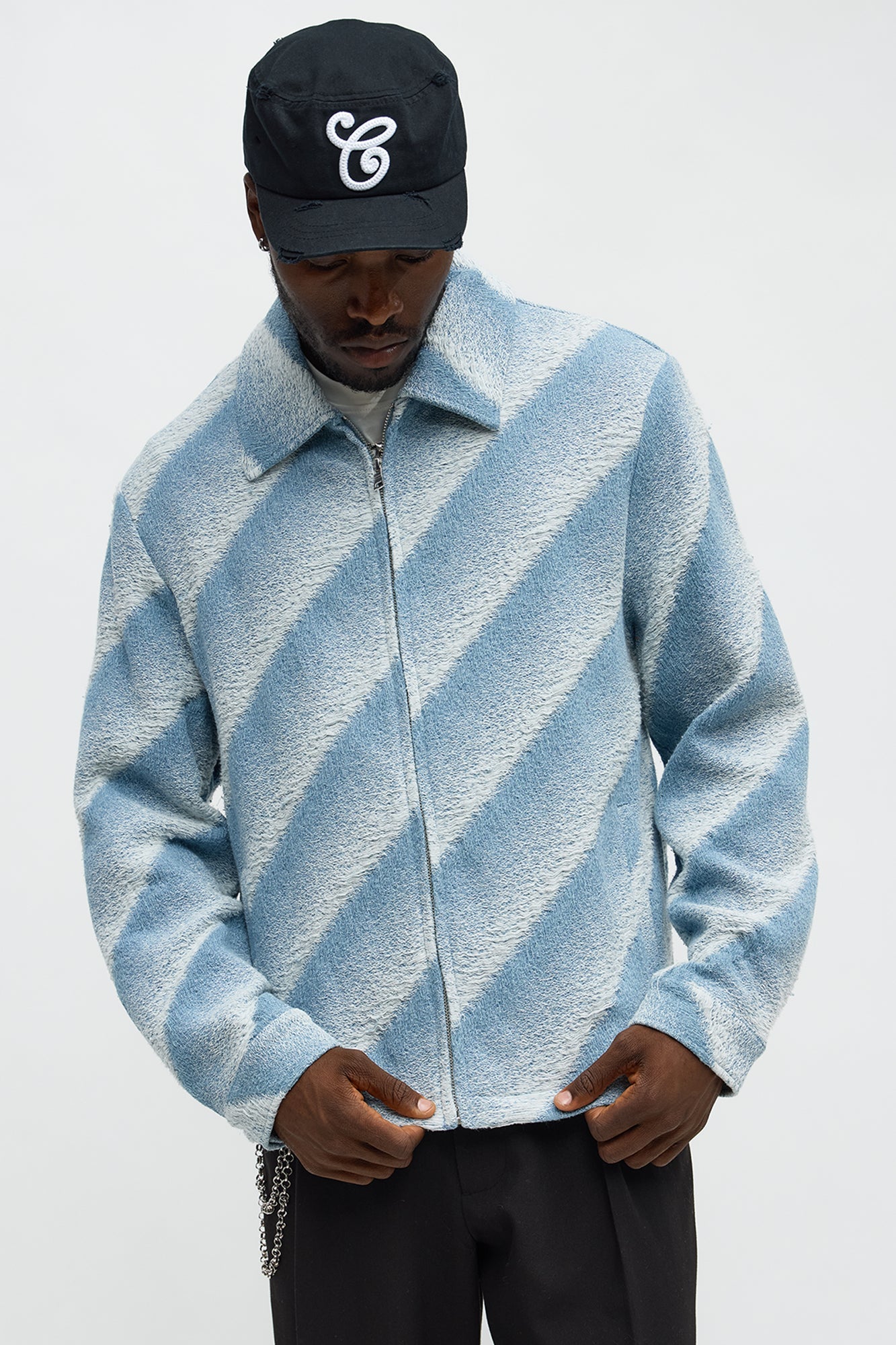 Relaxed Faded Lines Tapestry Zip Jacket - Ice Blue