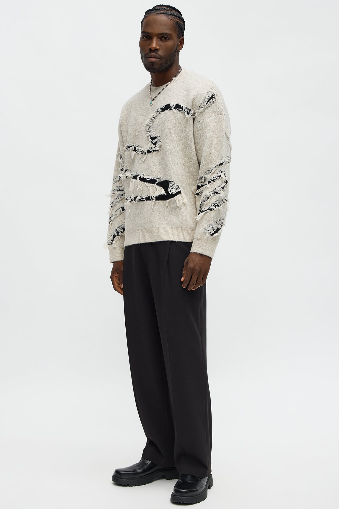 Oversized Trials Distressed Crewneck Sweater - Oatmeal/combo