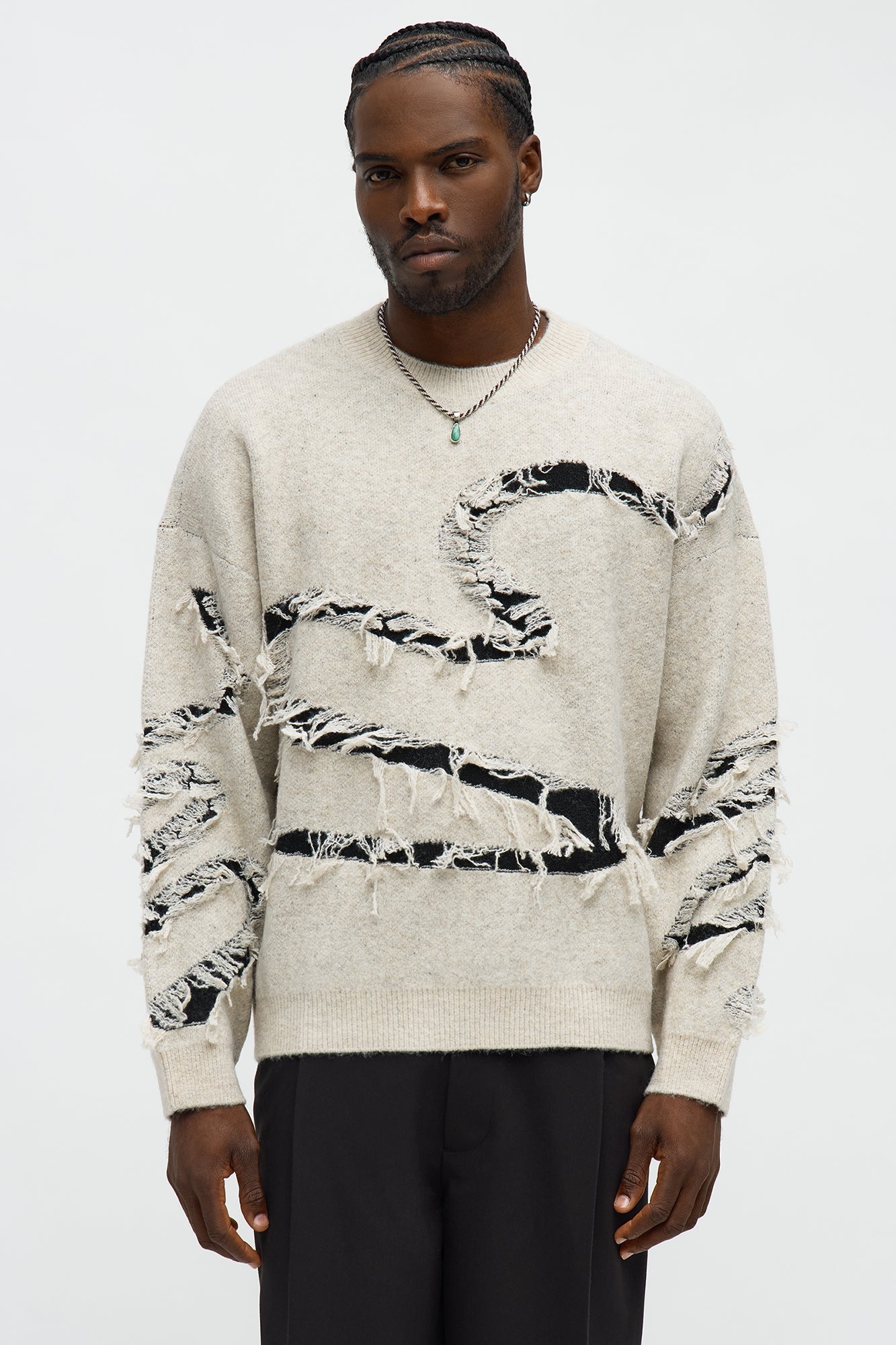 Oversized Trials Distressed Crewneck Sweater - Oatmeal/combo