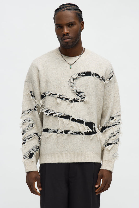 Oversized Trials Distressed Crewneck Sweater - Oatmeal/combo