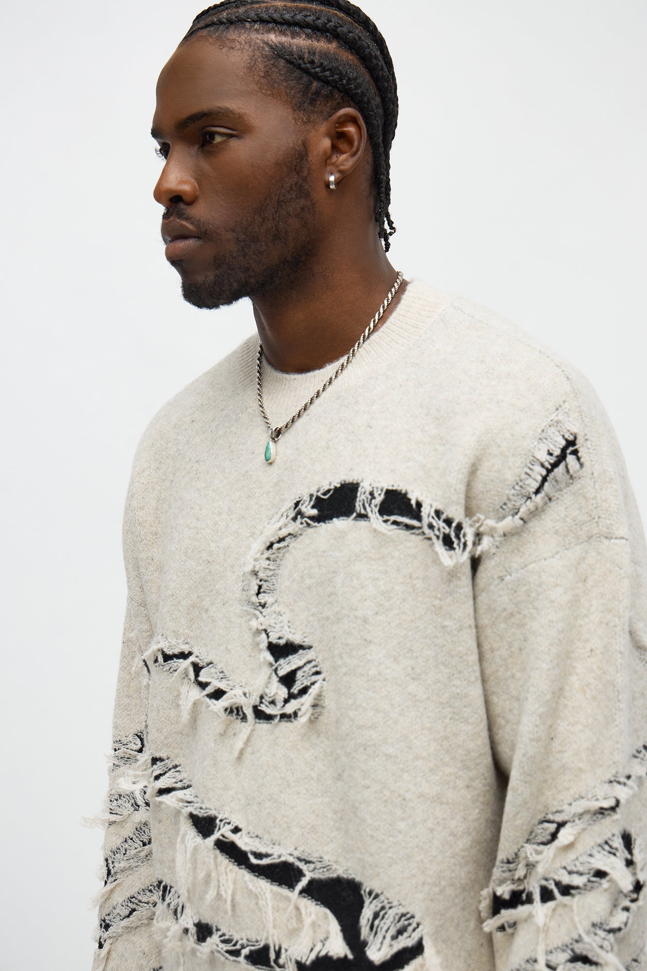 Oversized Trials Distressed Crewneck Sweater - Oatmeal/combo