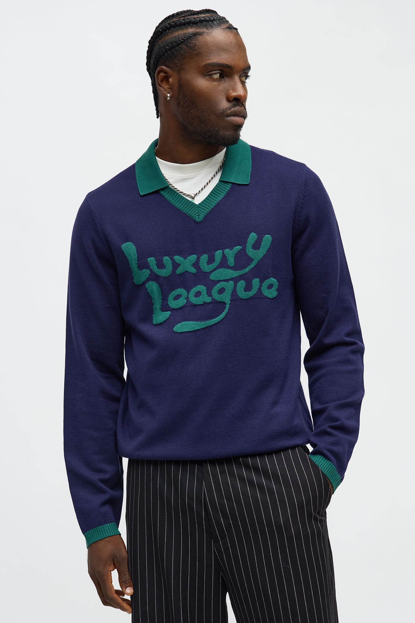 Luxury League Lightweight Knit Long Sleeve Polo - Navy/combo