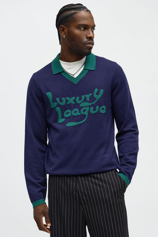Luxury League Lightweight Knit Long Sleeve Polo - Navy/combo