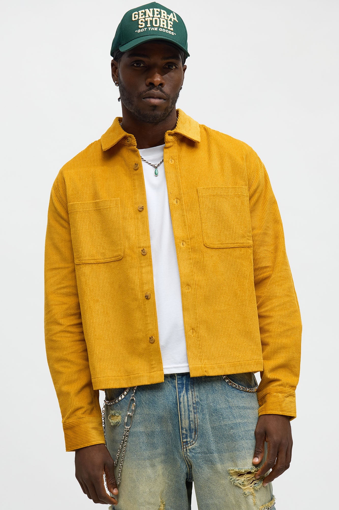 Cropped Corduroy Button Up Shirt - Mustard