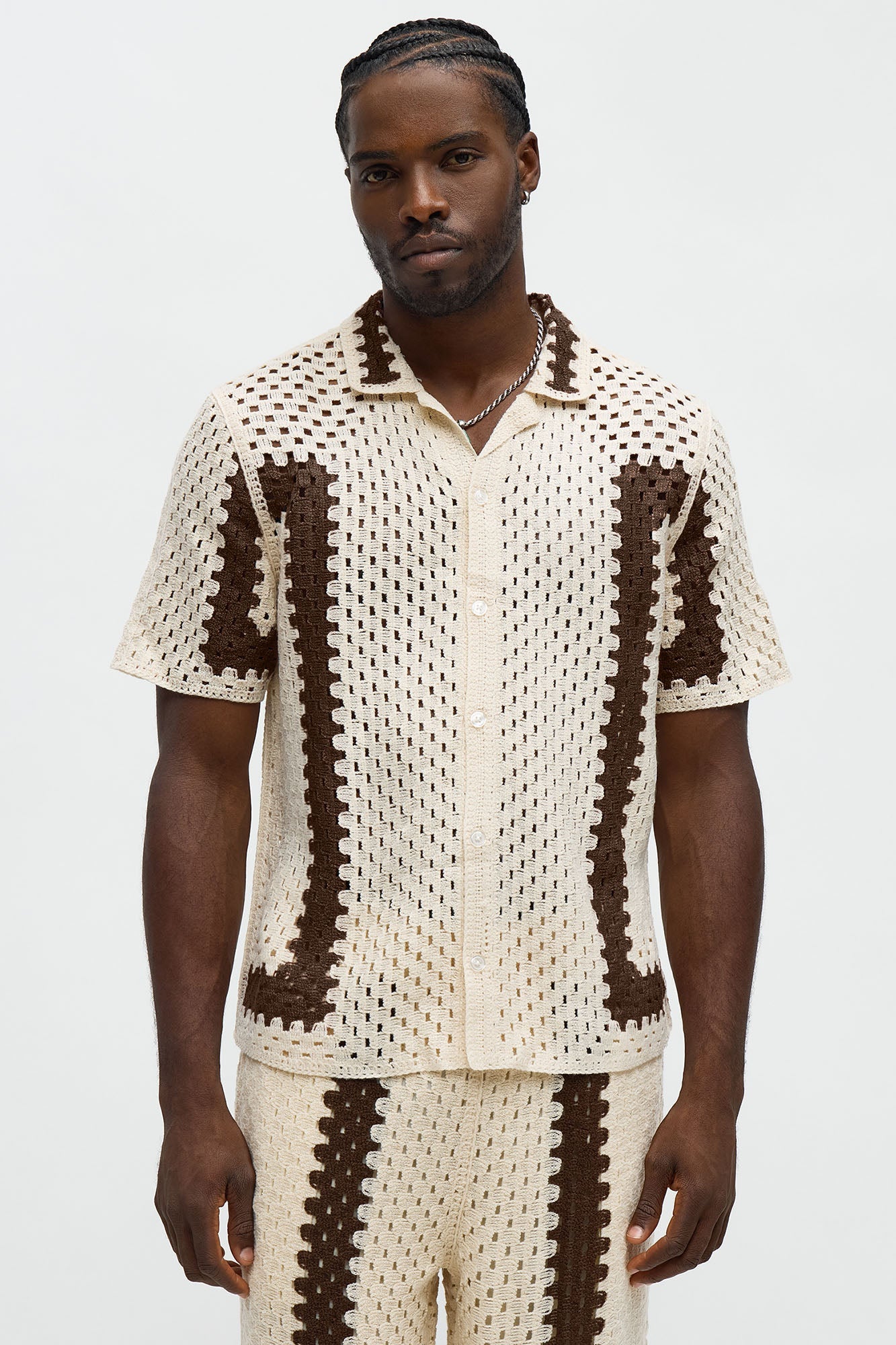 Worldwide Crochet Button Up Shirt - Cream/combo