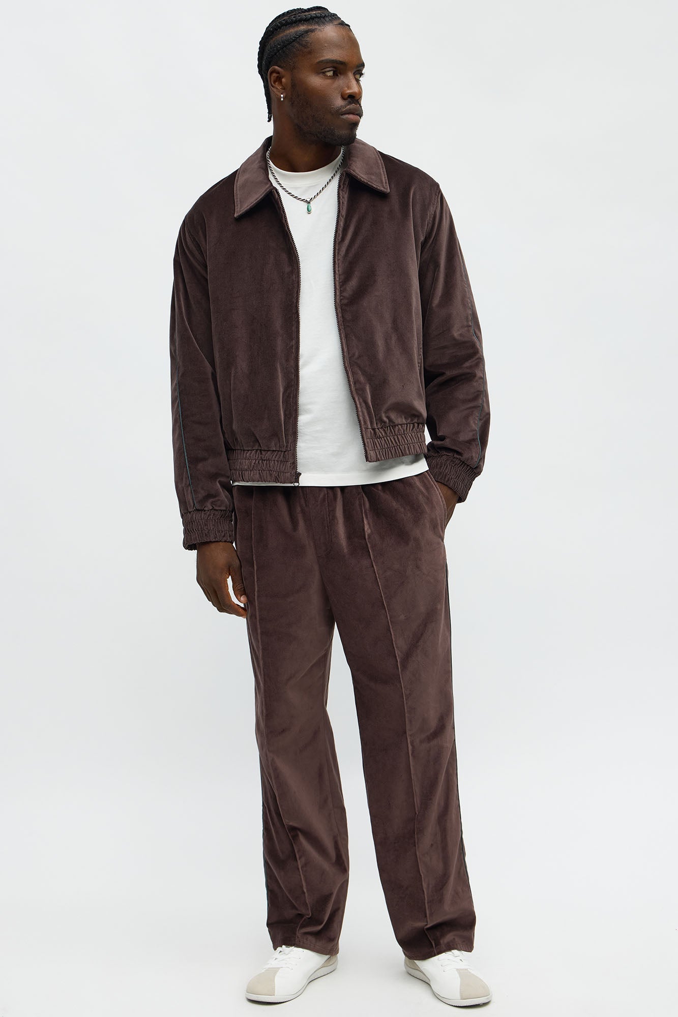 Cropped Around The Track Faux Velour Piped Zip Jacket - Brown