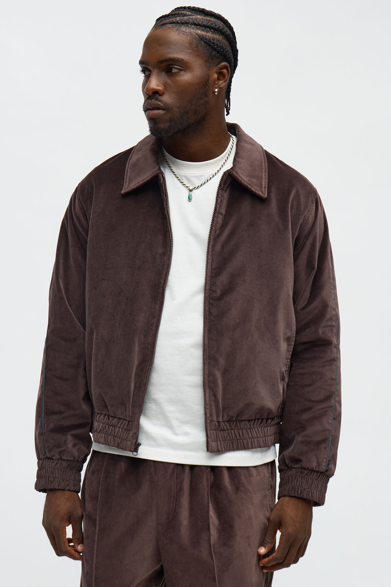 Cropped Around The Track Faux Velour Piped Zip Jacket - Brown