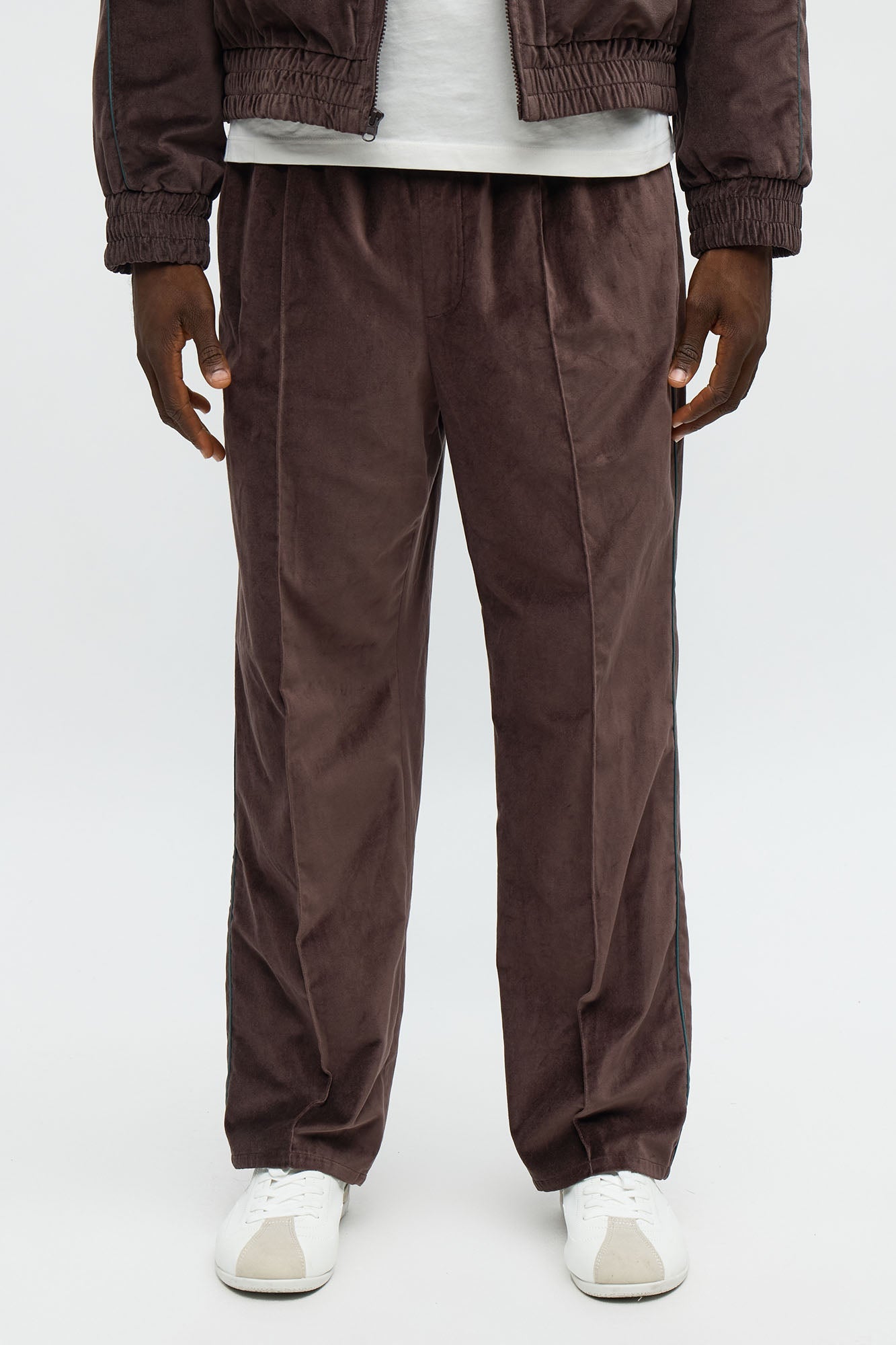 Straight Around The Track Faux Velour Piped Pant - Brown
