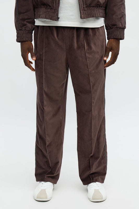 Straight Around The Track Faux Velour Piped Pant - Brown