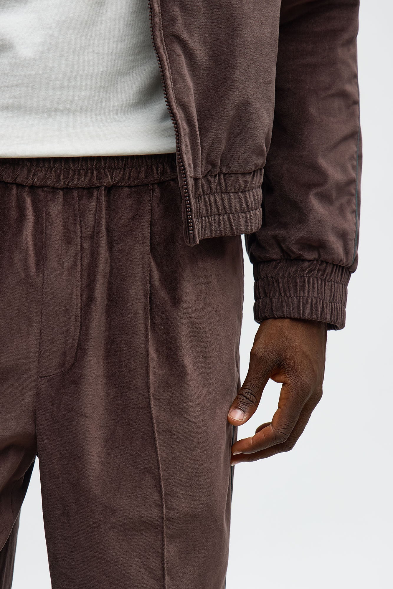 Straight Around The Track Faux Velour Piped Pant - Brown