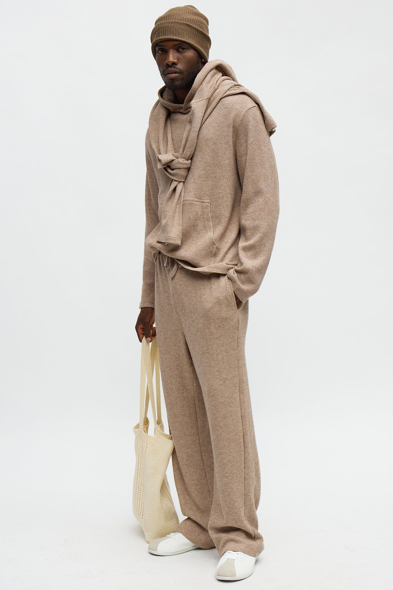 Cozy Waffle Textured Hoodie - Tan