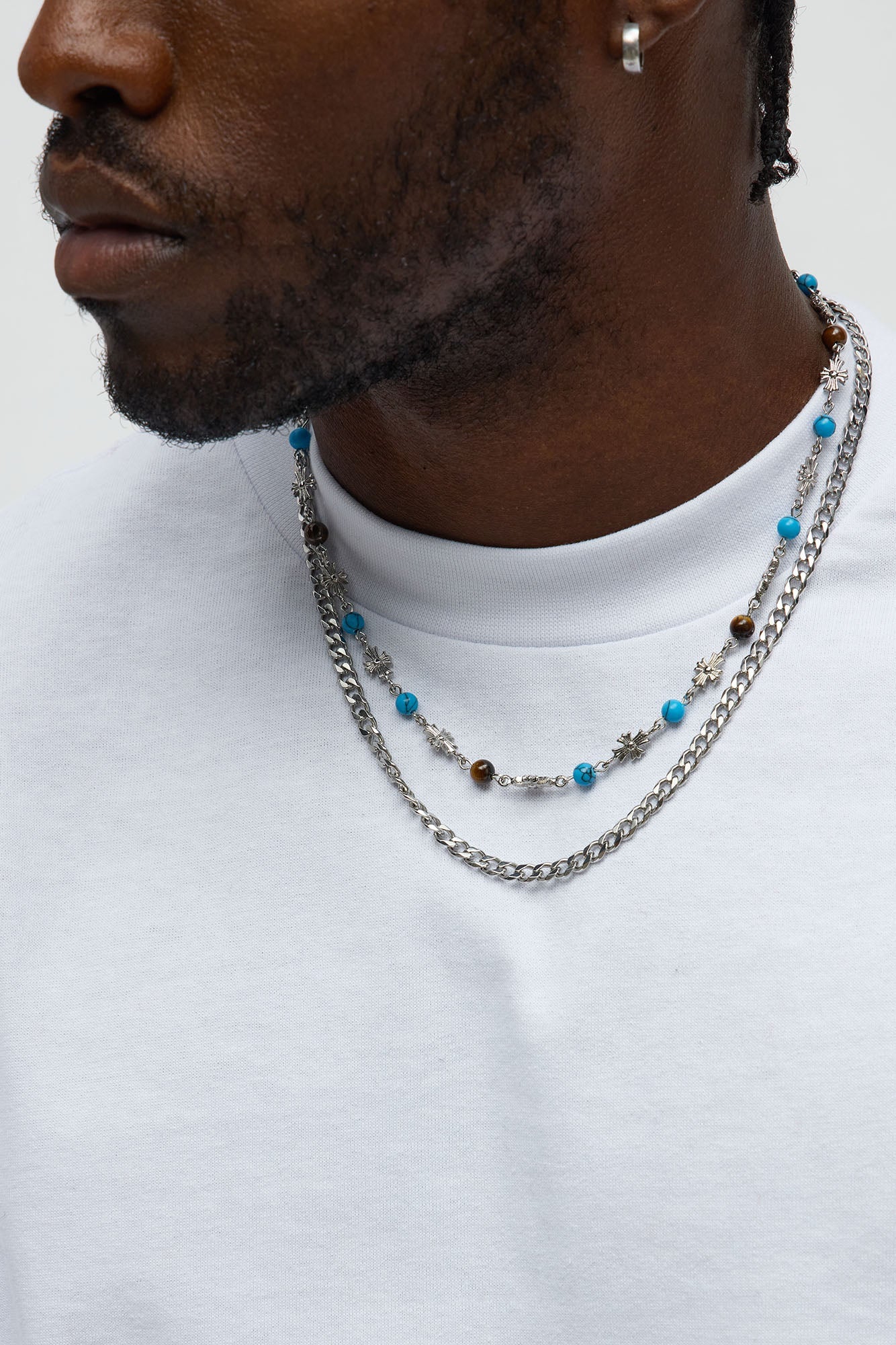 Beaded Cross Necklace Set - Silver