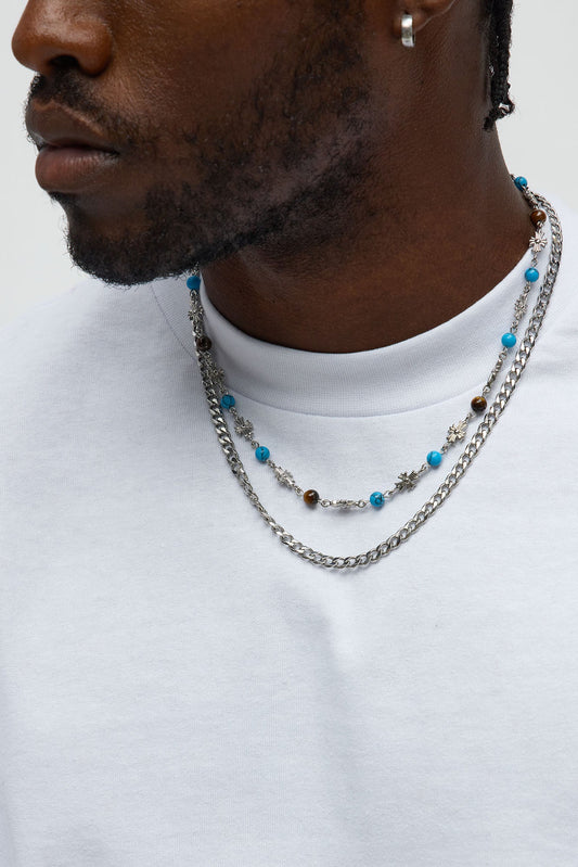 Beaded Cross Necklace Set - Silver