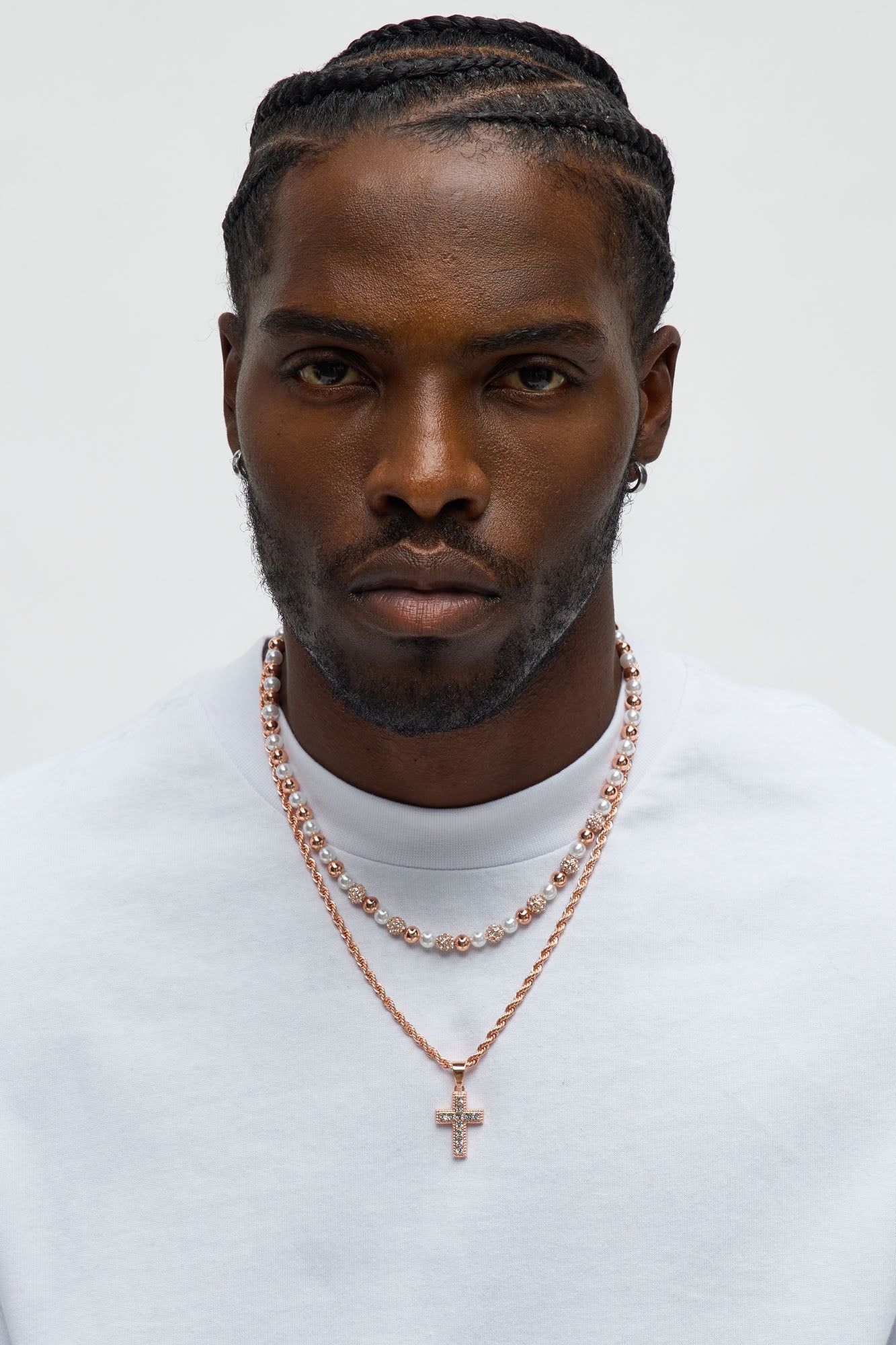 Iced Pearl Cross Necklace Set - Rose Gold