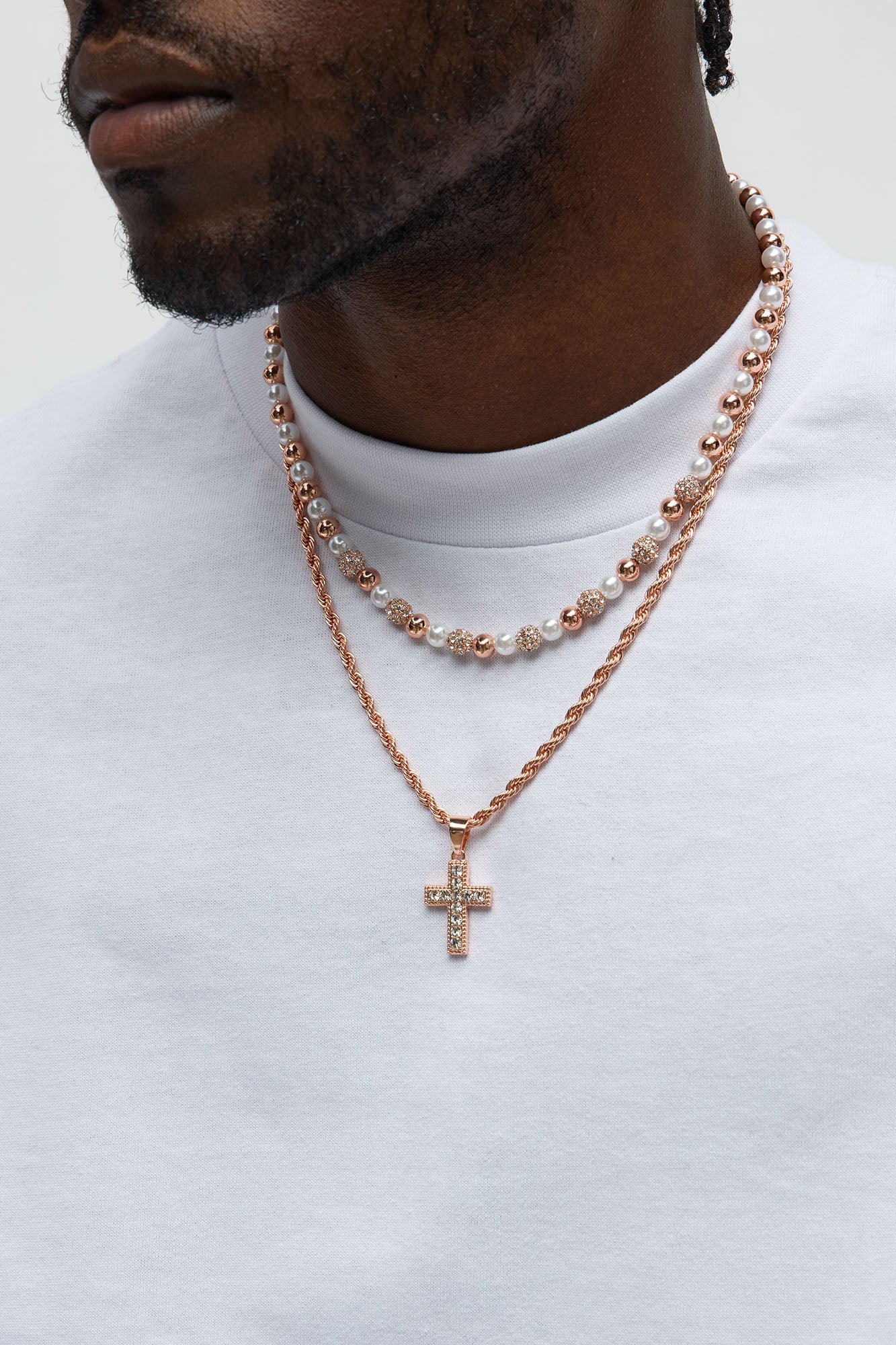 Iced Pearl Cross Necklace Set - Rose Gold
