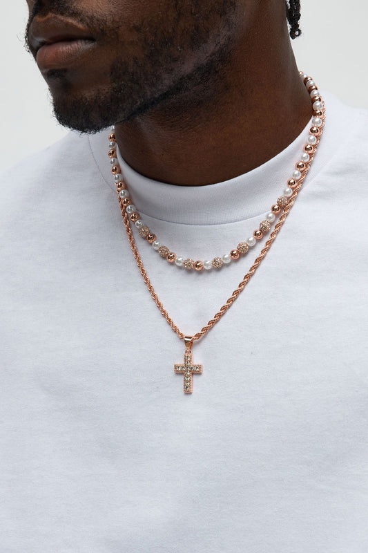 Iced Pearl Cross Necklace Set - Rose Gold