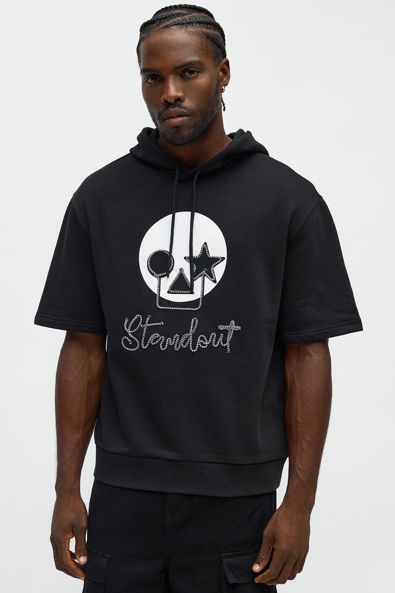 Standout Cording Short Sleeve Hoodie - Black