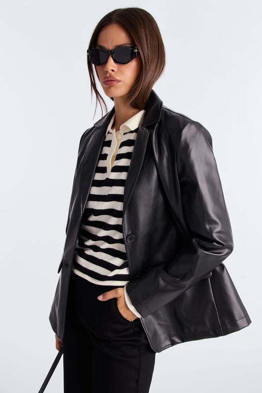 Paige Faux Leather Blazer - Black