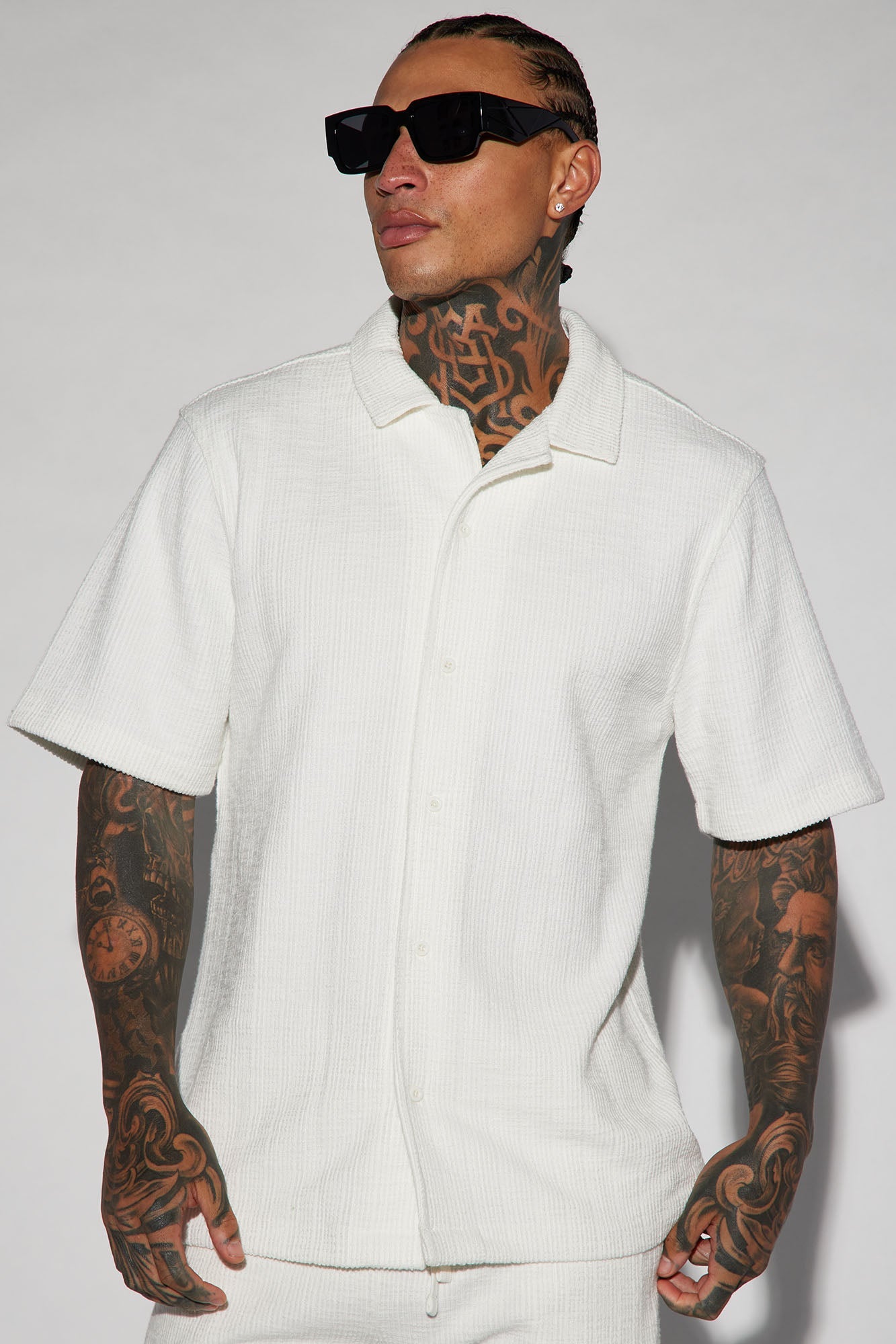 Dean Textured Short Sleeve Button Up Shirt - White