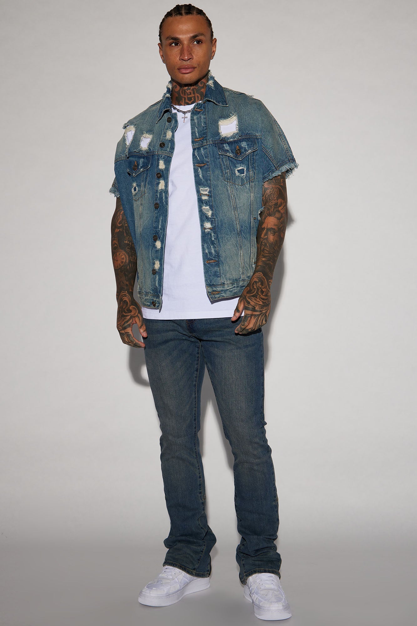 Drop Top Back Zip Stacked Skinny Jeans - Vintage Blue Wash